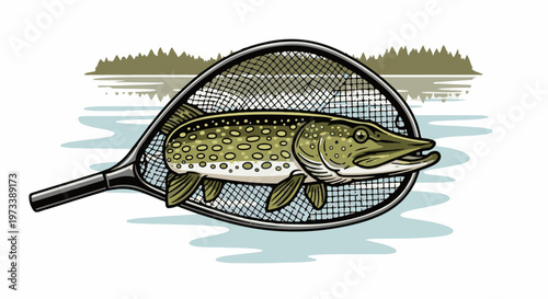 A large, spotted fish caught in a fishing net, with trees and water in the background