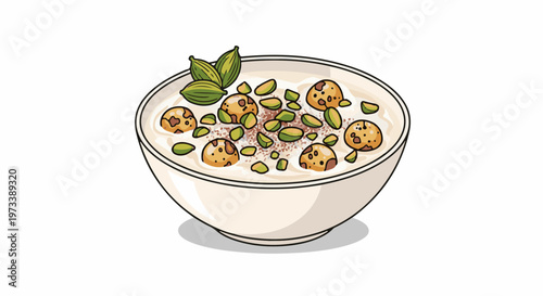 A bowl of creamy dessert topped with nuts, cardamom pods, and small round treats