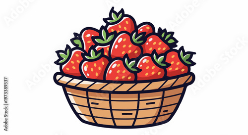 A wicker basket overflowing with vibrant, ripe strawberries and green leaves