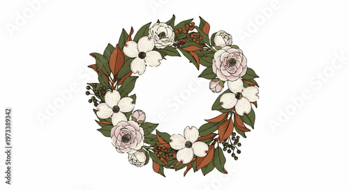 Delicate floral wreath with dogwood flowers, roses, and berries, set against a white background