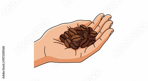 A hand holds a pile of roasted coffee beans against a white background