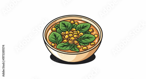 A simple illustration of a bowl filled with a hearty broth, corn kernels, and fresh spinach leaves