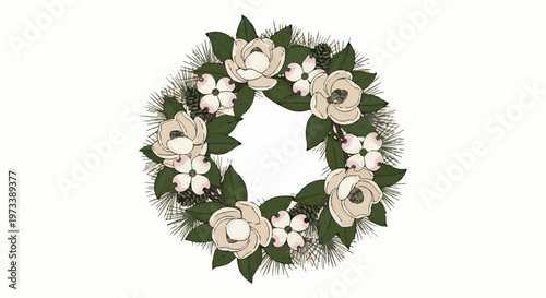 A festive circular wreath composed of cream magnolia flowers, dogwood blossoms, pine needles, pinecones, and green leaves