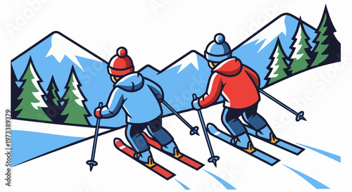 Two skiers in colorful jackets descend a snowy slope with pine trees and mountains behind