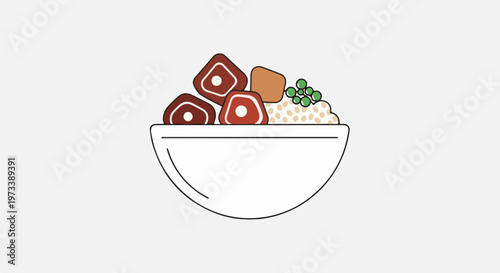 A white bowl filled with a meal of meat cubes, peas, and grains