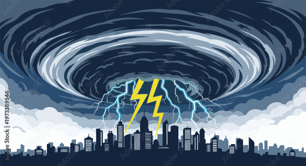 Fototapeta premium Pixelated storm swirls above a city skyline with lightning striking skyscrapers