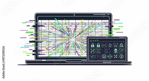 Stylized illustration of two laptops displaying data analysis and cybersecurity icons