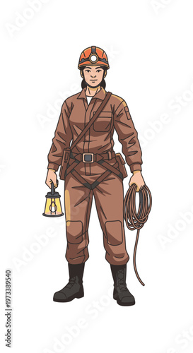 Female miner standing with lamp and rope in safety gear  