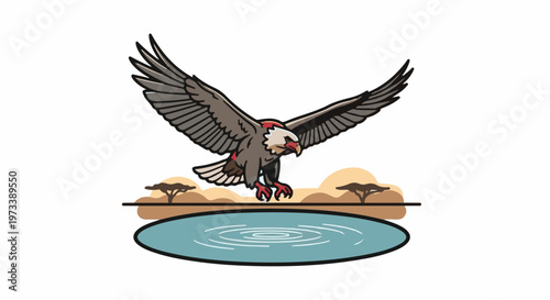 Bird of prey swooping towards water in a dry landscape with trees
