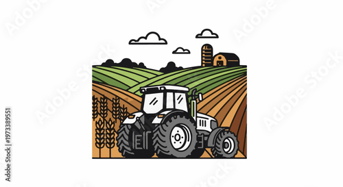 A white tractor harvests a field with rolling green hills, a barn, and silo