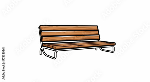 Wooden park bench with black outline on white background