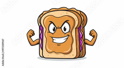 Cartoon sandwich flexing muscular arms with a wide grin and determined eyes on a white background