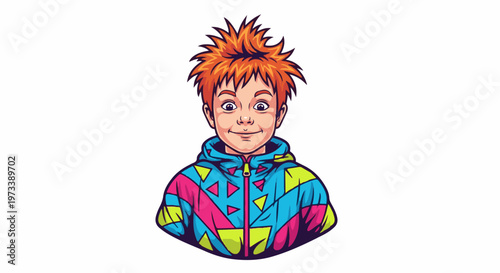 Animated character portrait of a boy with spiky orange hair and a colorful geometric jacket