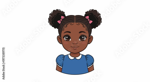 A cartoon illustration of a young Black girl with curly hair in two buns, wearing a blue dress