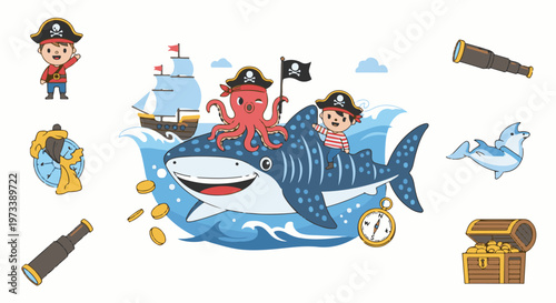 Playful pirates, a smiling shark, octopus, dolphin, and treasure await on the high seas