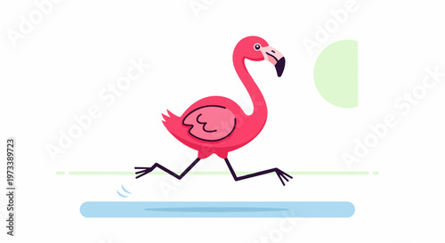 A cartoon pink flamingo elegantly strides across a stylized watery expanse, with abstract shapes in the background