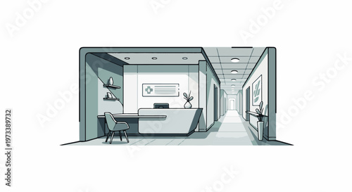 A modern clinic hallway with a reception desk, leading to a long corridor