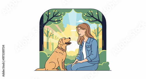 A girl and her dog share a happy moment in a sunlit forest
