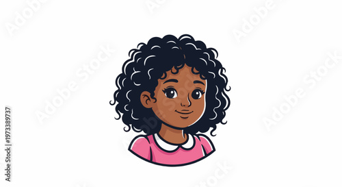 A stylized cartoon portrait of a young girl with curly black hair and brown skin