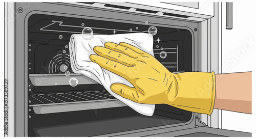 Hand wearing yellow glove wipes inside of oven with white cloth, cleaning bubbles appear