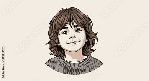 A young child with wavy brown hair, wearing a textured sweater, smiles gently