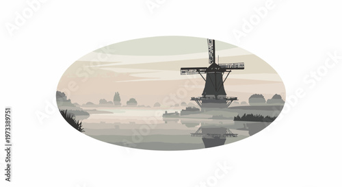A stylized illustration depicts a windmill on a body of water under a hazy sky