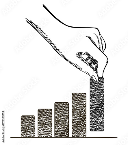 Hand placing block on bar chart. Business concept, business analytics and statistics concept. Businessman pull column of graph to improve progress, success and profit