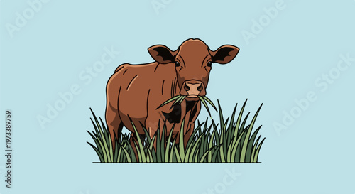 A brown cow grazes on green grass under a pale blue sky