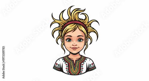 Cartoon girl with wild blonde hair and green eyes wearing a white embroidered top
