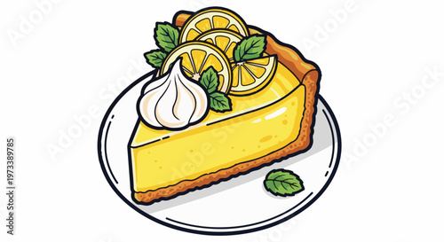 A bright yellow lemon pie slice with meringue and citrus slices on a white plate
