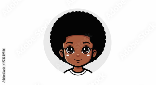 Cartoon child with afro hairstyle and big eyes, smiling sweetly