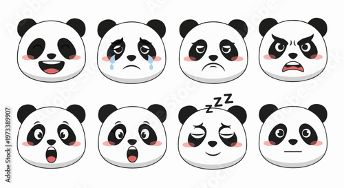 Eight cartoon panda faces showing different emotions happy, crying, sad, angry, surprised, sleeping, and neutral