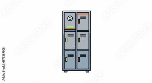 A tall metal locker unit with six doors, a circular lock symbol, and vents