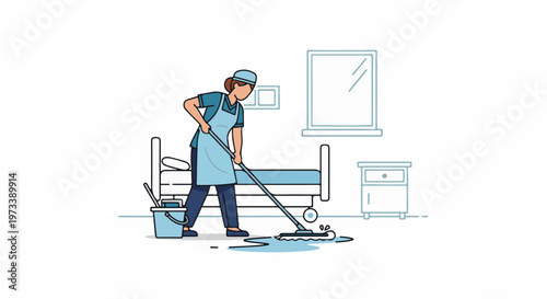 Person in uniform mops a wet floor in a clean room with a bed and nightstand