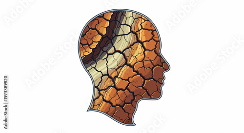 Abstract human head silhouette filled with cracked, dry earth texture and muted earth tones