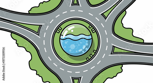 A cartoonish illustration of a circular road intersection with a central water feature