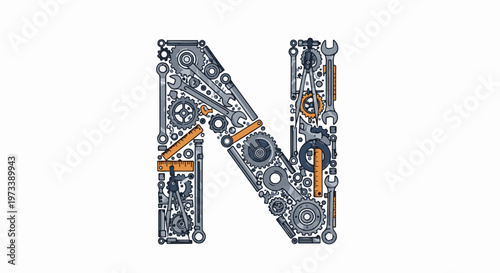 Alphabet letter N formed from gears, wrenches, rulers, and compasses