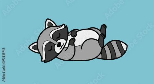 A cute, cartoon raccoon is peacefully sleeping on its back against a light blue background