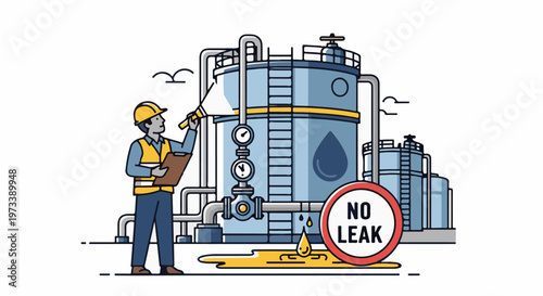 A worker inspects industrial tanks, noting a "no leak" sign and a small spill