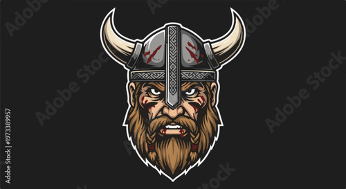 Fierce Viking warrior with horned helmet, beard, and battle scars