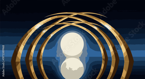 Golden arches frame a luminous orb and its reflection against a deep blue, striated background