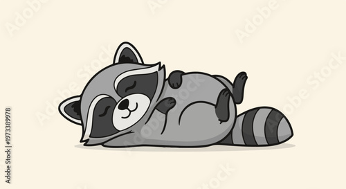 A cute, gray raccoon with black rings on its tail naps on its back with its paws up