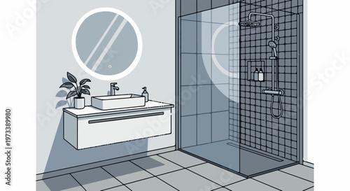 A modern, minimalist bathroom with a floating vanity, sleek sink, and glass-enclosed shower