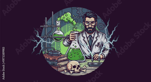 Scientist in lab coat with bubbling flasks, skull, and lightning