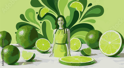 A woman in a lime green dress stands amidst a cascade of lime slices and whole fruits