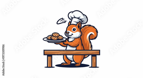 A cartoon squirrel wearing a chef's hat holds a plate of cookies