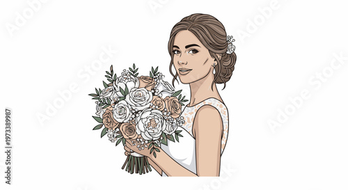 A smiling bride with an ornate bouquet