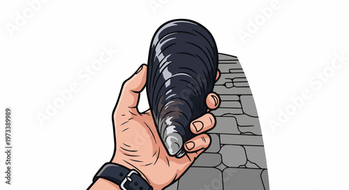 Hand holding dark mussel against stone background