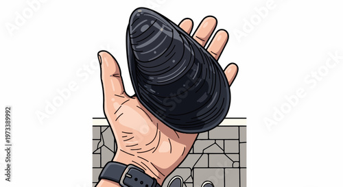 A hand holds a dark, ribbed mussel with a wristwatch on the wrist against a stone background