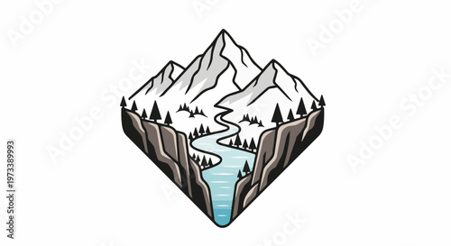 Stylized mountain landscape with a winding river flowing through a canyon, framed by trees